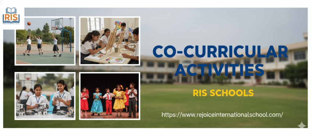 students playing basketball, painting, building robots, and performing on stage, with the school website listed.