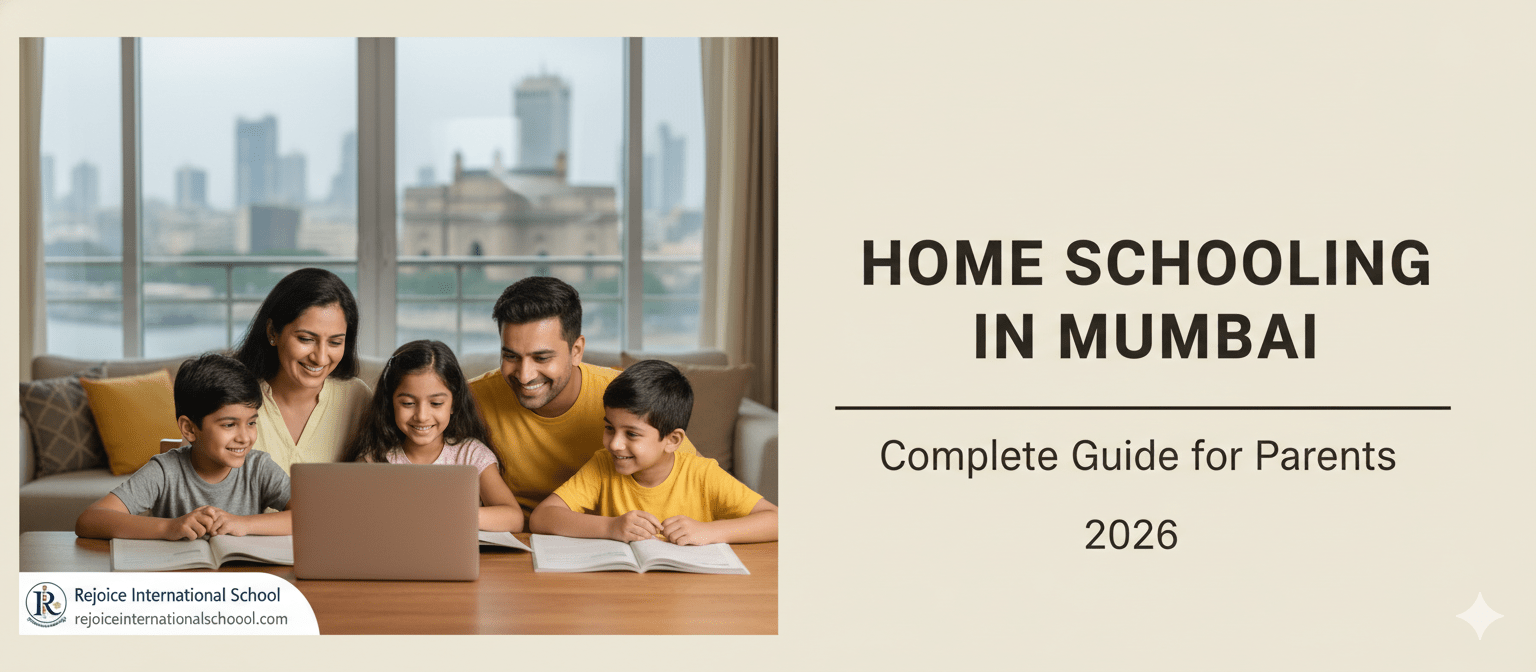 Banner for “Home Schooling in Mumbai – Complete Guide for Parents 2026” featuring a smiling family of four studying together on a laptop at home, with books open on a table and the Rejoice International School logo displayed in the corner.