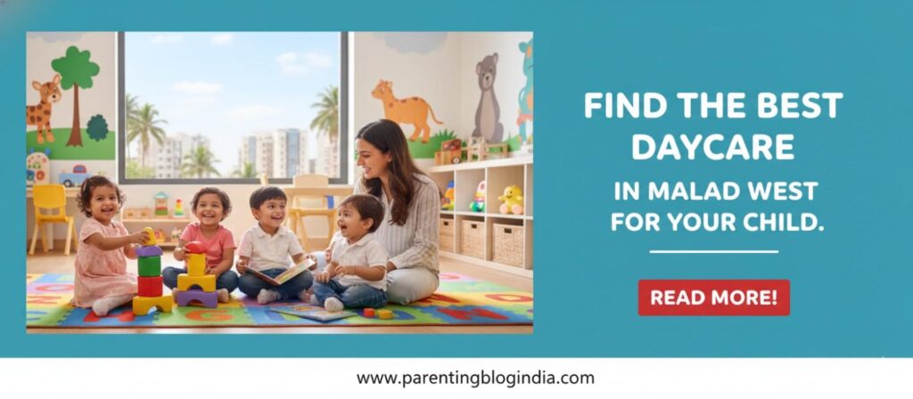 Teacher engaging with toddlers playing and learning in a colorful daycare classroom, promoting the best daycare in Malad West for early childhood development.
