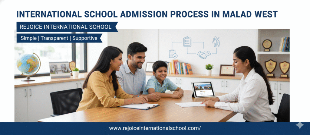 Parents and a child discussing the international school admission process with a school counselor at Rejoice International School in Malad West, highlighting a simple, transparent, and supportive admission process.