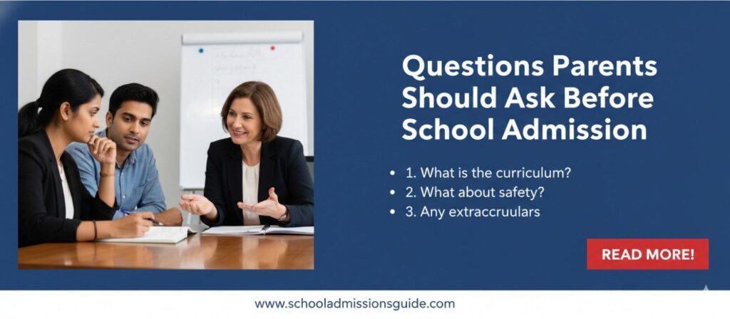 Parents discussing school admission questions with a counselor, highlighting key concerns like curriculum, safety, and extracurricular activities before enrolling a child.