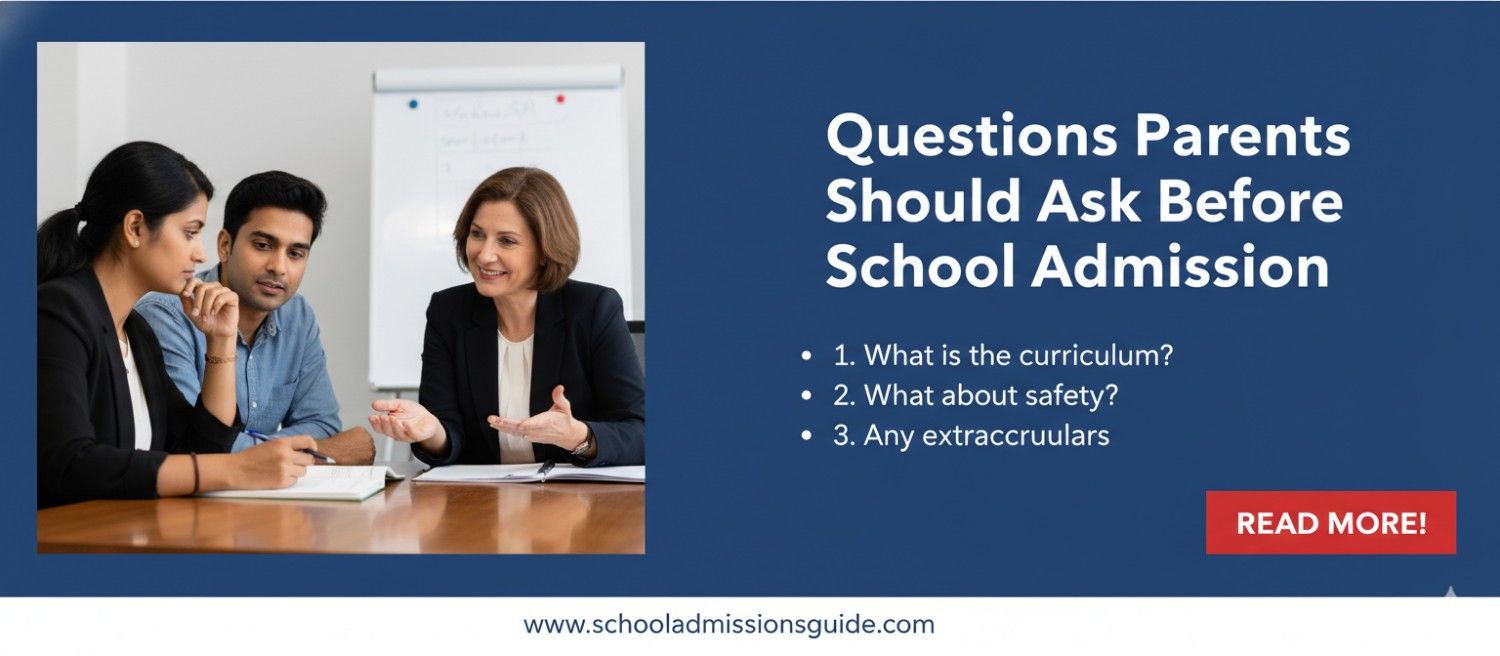 Parents discussing school admission questions with a counselor, highlighting key concerns like curriculum, safety, and extracurricular activities before enrolling a child.