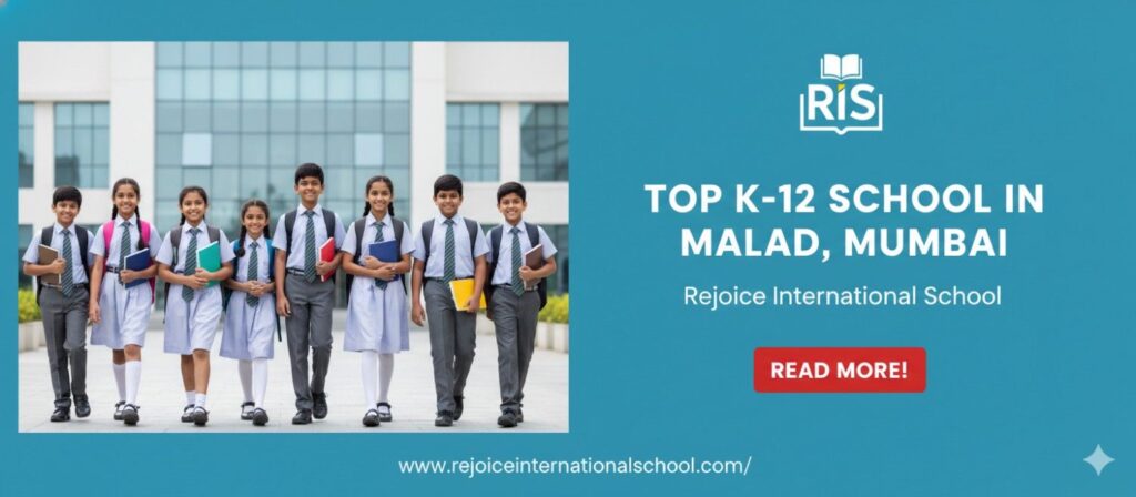 Students in school uniforms walking together in front of a modern campus, promoting Rejoice International School as a top K-12 school in Malad, Mumbai.