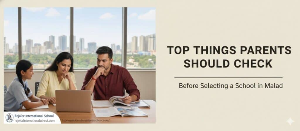 Parents and child reviewing school information on a laptop before selecting